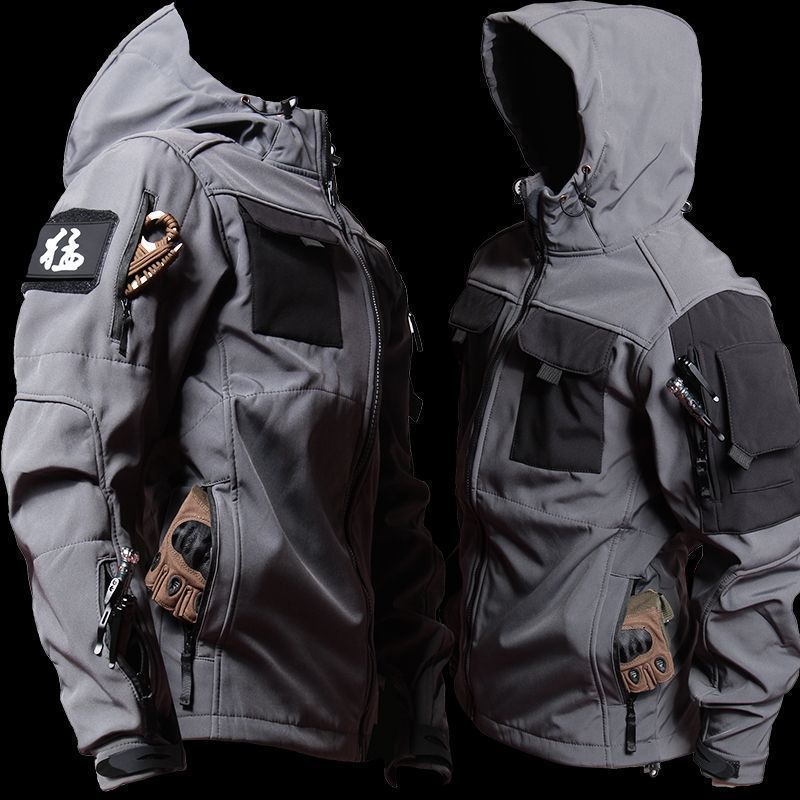Men Lurker Shark Skin Soft Shell Tactical Jacket Waterproof Fleece Hooded Coat Hunt Clothes Outdoor New Solid Pocket Jacket Men