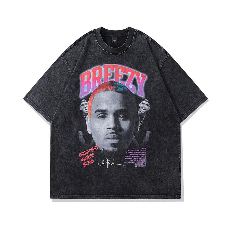 Men'S Clothing American High Street Trendy Brand Vintage T-Shirt Retro Portrait Printing Washed Loose Cotton Short-Sleeved T-Shirt Men