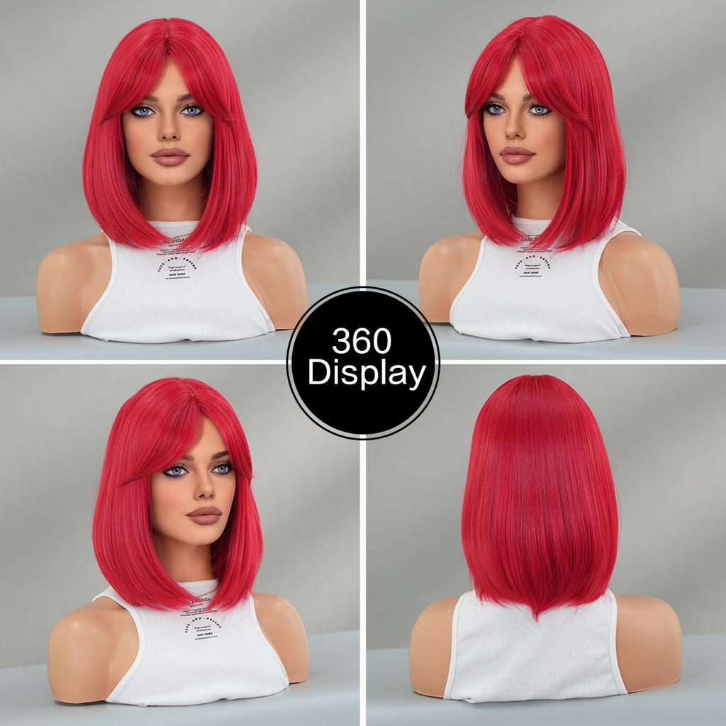 Red Short Straight Wig for Women - Bob Cut with Middle Part Curtain Bangs, Halloween Easter Party Machine Made Full Cap Wig