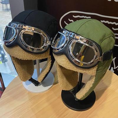 Cappello da aviatore invernale da ciclismo con protezione per le orecchie e occhiali antivento per uomo e donna