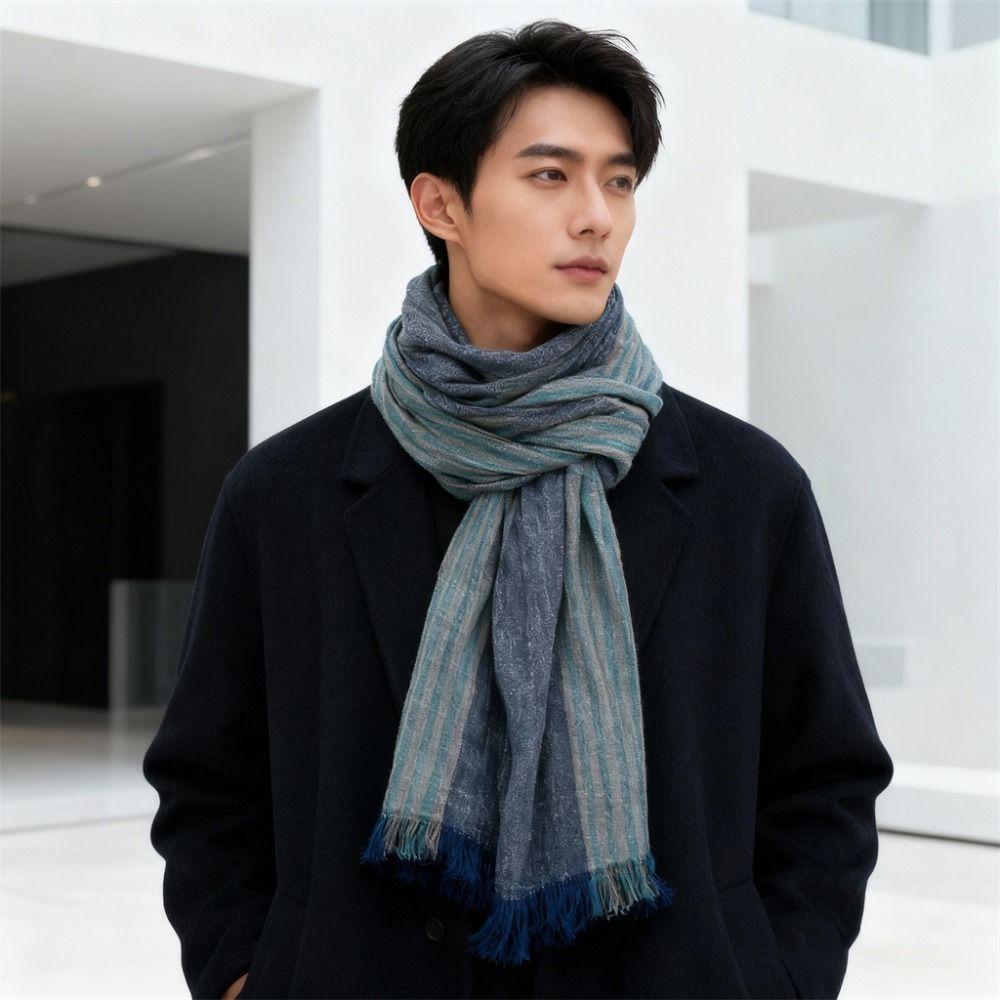 Cotton Linen Yarn-dyed Winter Men's Scarf Striped Neckerchief  Wrap Long Shawl  Autumn Winter Warm