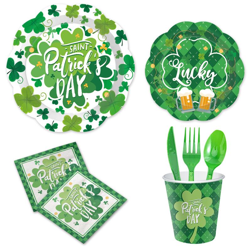 St. Patrick'S Day Themed Party Supplies Clover Paper Plates Paper Cups Green Checked Decorative Set