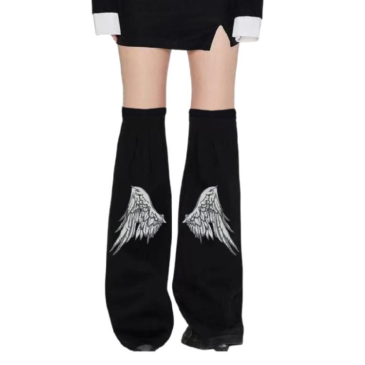 Women Punk Angel Wing Print Flared Long Leg Sleeves Socks Overknee Black Denims Leg Warmers Harajuku Grunge Boot Covers