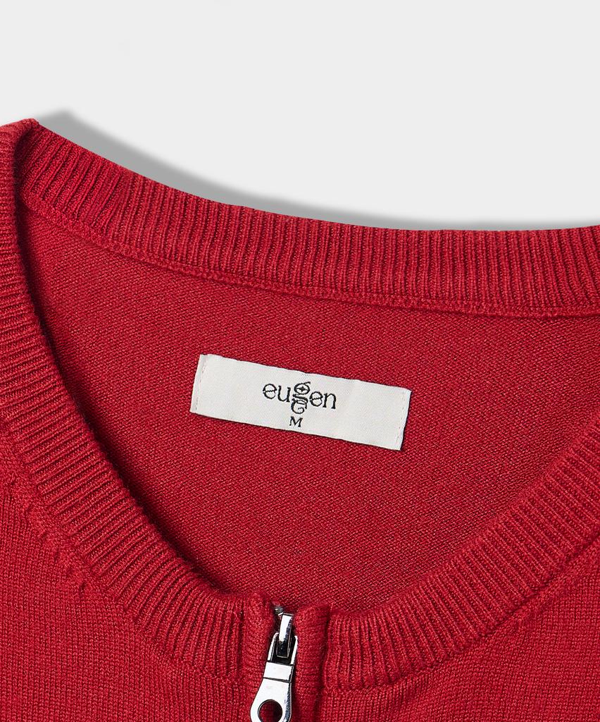 Yujen Minimal Round Neck Two-Way Knit Zip-Up_Red