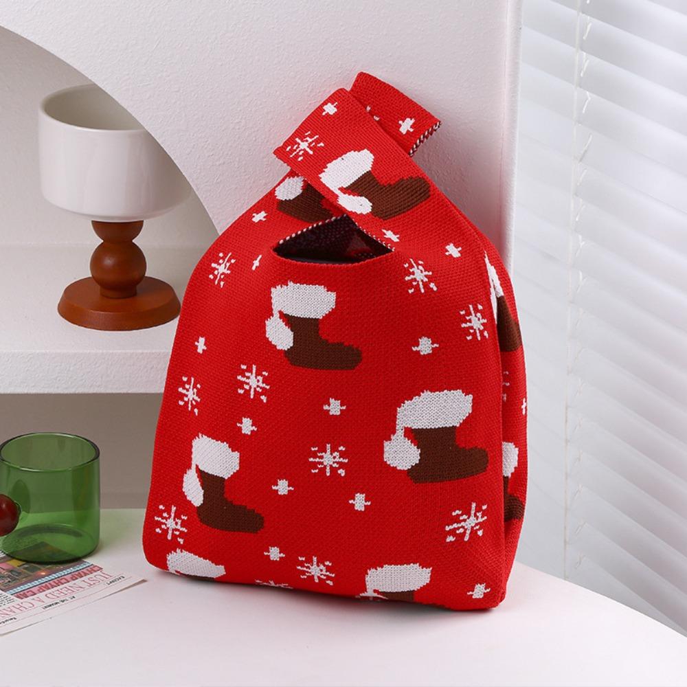 Fashion Reusable Christmas Knit Handbag Shopping Bags Weaving Handbags Handmade Wrist Bag Gifts Bag Snowflake Tote Bag