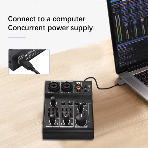 2-Channel USB DJ Mixer with EQ Phantom Power Compact Sound Card Audio Mixer Board for Live Performance and Recording