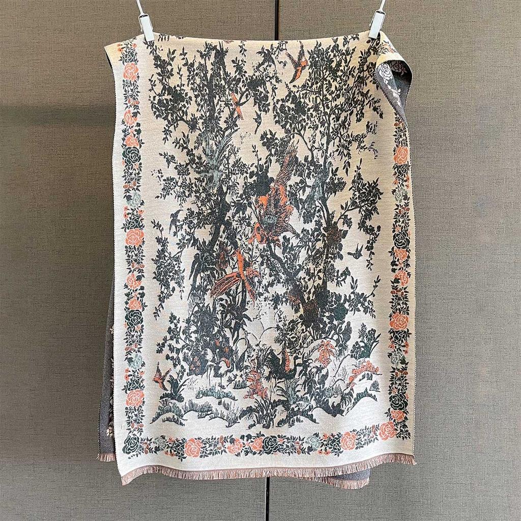 Retro Flower And Bird Printing Imitation Cashmere Autumn And Winter Warm Neck Protection Scarf Versatile Atmosphere Scarf