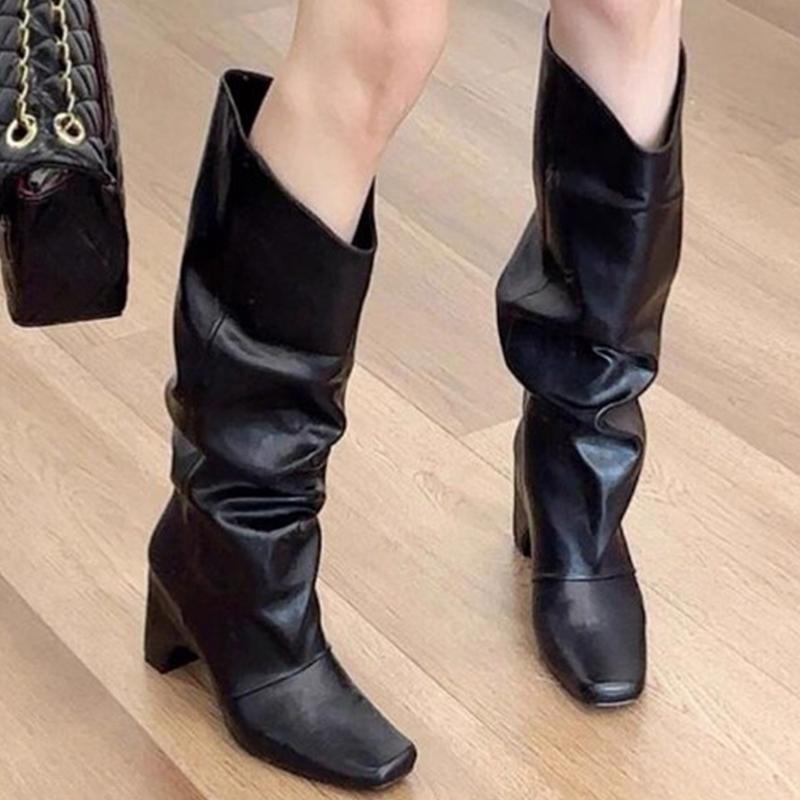 

Высокие сапоги для женщин на высоком каблуке с квадратным носком из замши до колена дизайнерская обувь 2025 зимние туфли-лодочки массивные челси ботильоны женские 40 чёрный