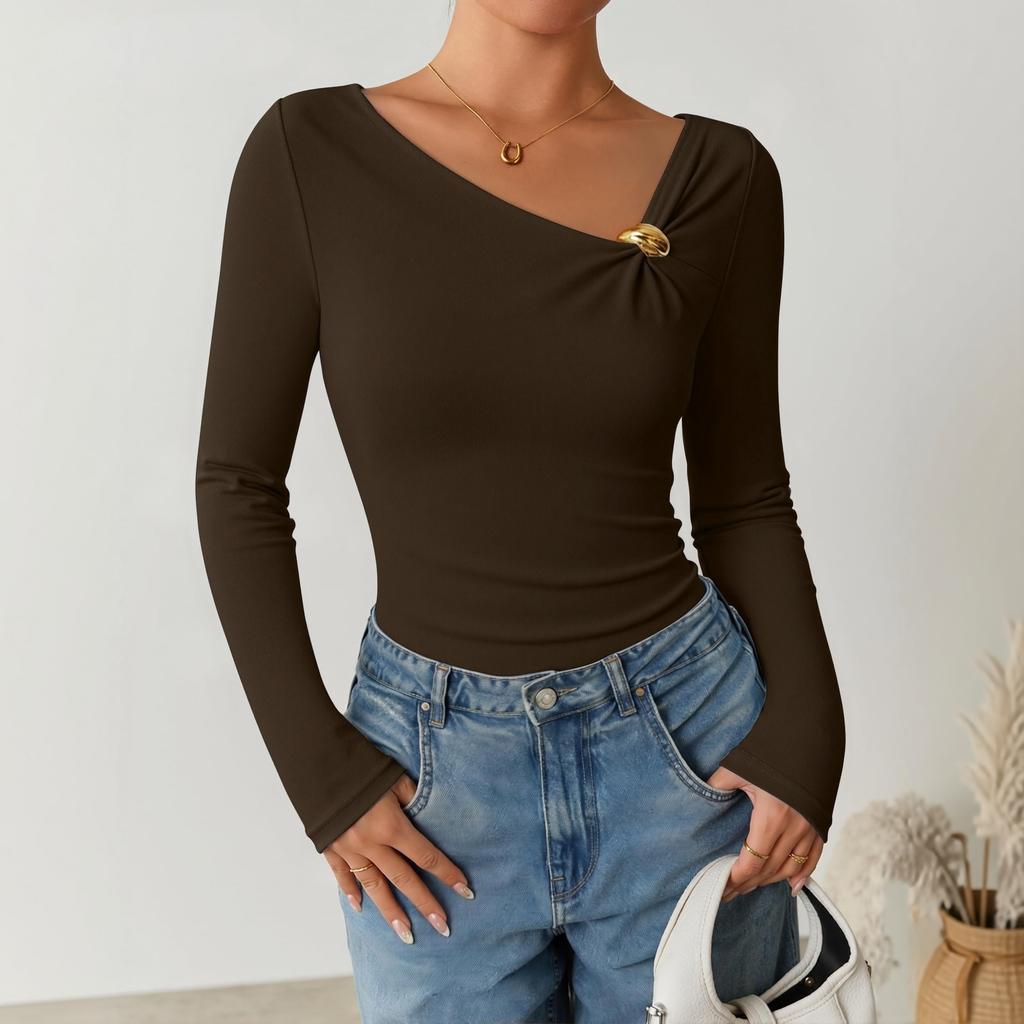 Women's Casual Asymmetric Neckline Pleated Slim Fit Layering Top