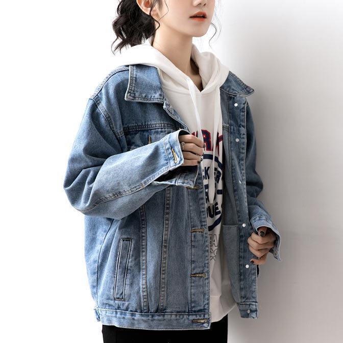 Women's Retro Blue Denim Jacket – Loose Korean Style, Plus Size, Trendy BF Style for Spring & Autumn