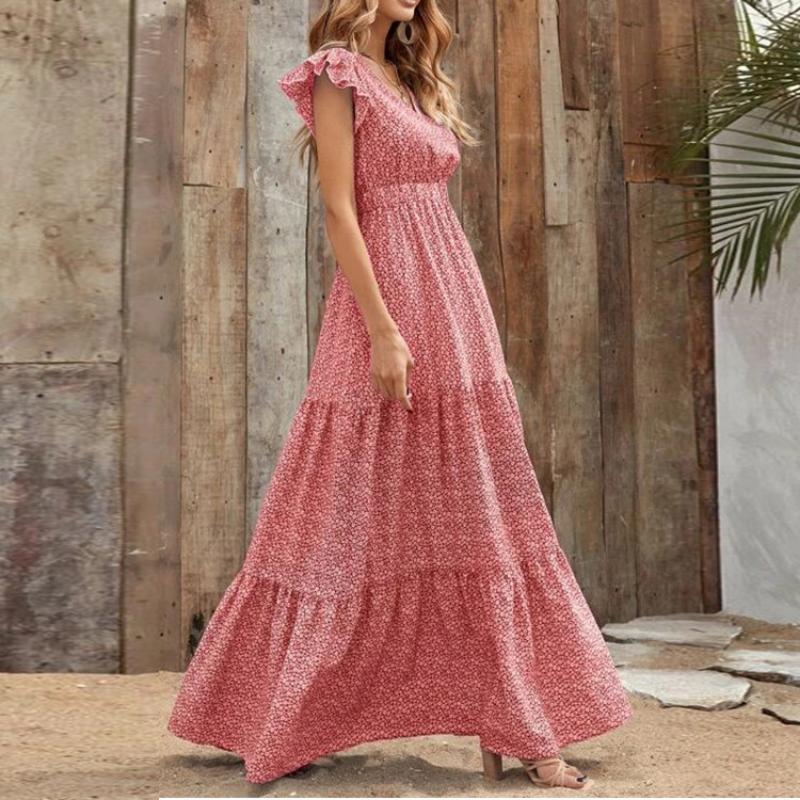 Maxi Abito Estivo Boho da Donna con Stampa Floreale Ditsy, Scollo a V, Vita Alta, Maniche a Volant, A Balze, Casual, per Vacanze al Mare
