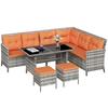 7-Seater Patio wicker Sofa Set Rattan Chair Furniture w/ Glass & Cushioned, Orange