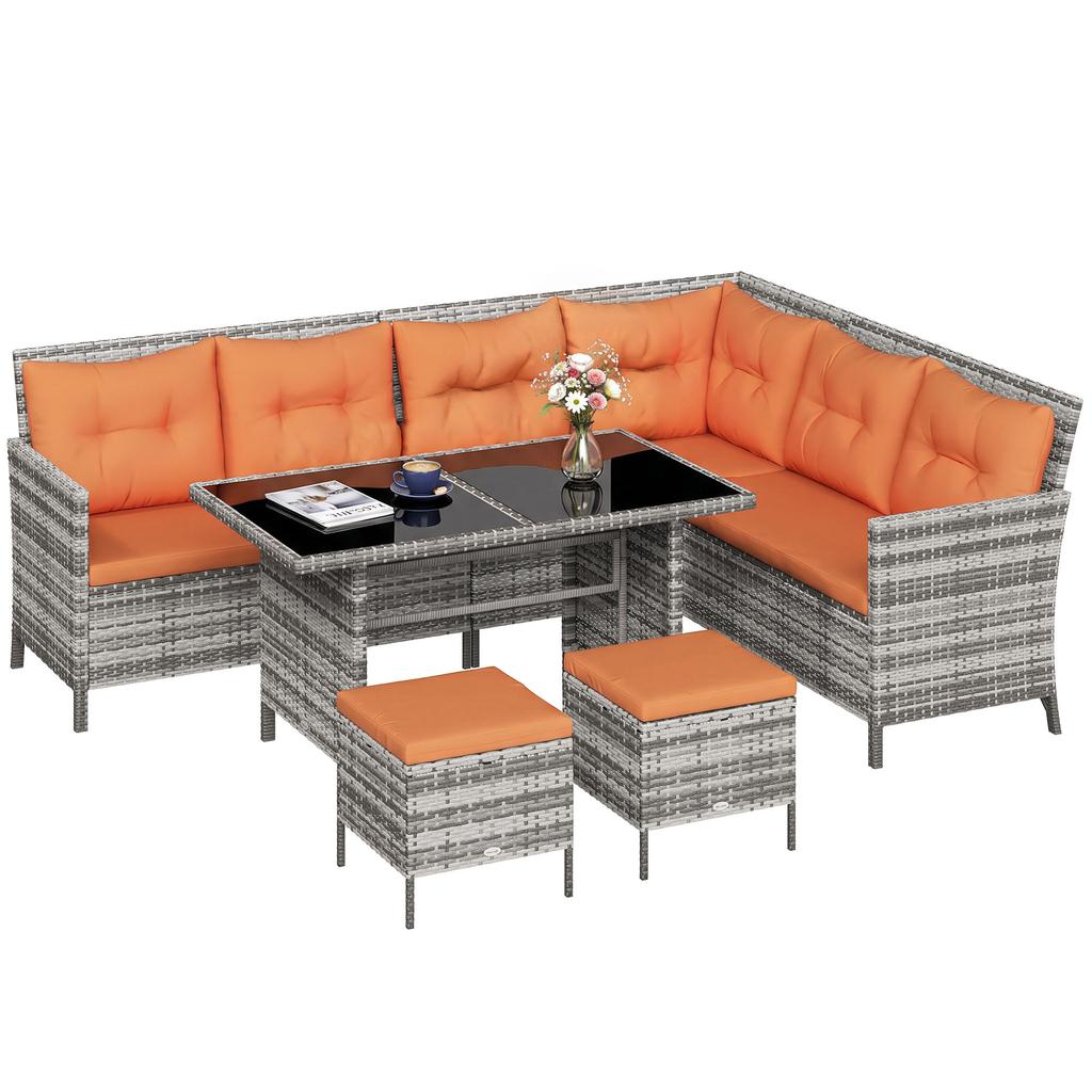 7-Seater Patio wicker Sofa Set Rattan Chair Furniture w/ Glass & Cushioned, Orange