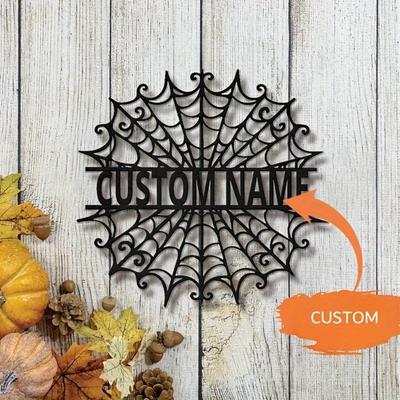 Spider Web Halloween Metal Sign Custom Surname Initials Door Decor