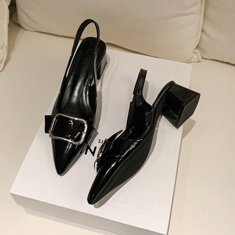 

Модные сандалии на толстом каблуке с закрытым носком, женские весенне-летние новые темпераментные остроносые туфли на высоком каблуке с неглубоким вырезом, пустые туфли 40 чёрный