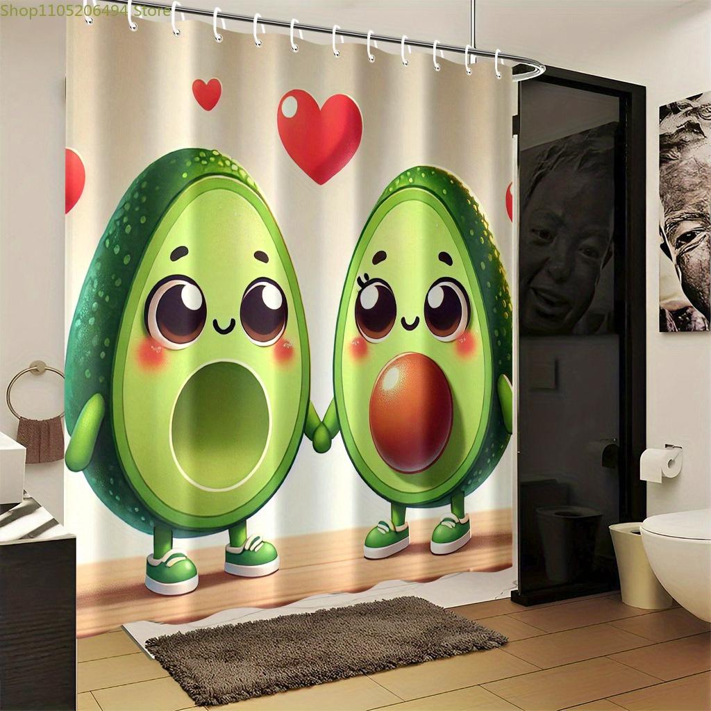 A Single Avocado Cartoon Printed Shower Curtain, Measuring 177.8X177.8 Cm, Includes 12 Hooks, Made of Polyester Fabric, Easy T