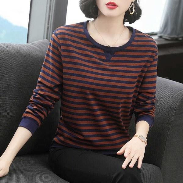 Winter Long Sleeve Striped T Shirt Women Loose Middle Age Mom Base Layer Top