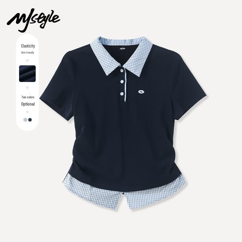 Women s Plaid Polo T-Shirt with Faux Two-Piece Design L темно-синий