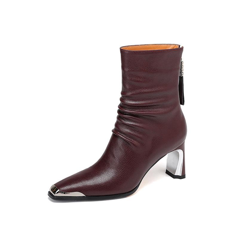French metal square head high-heeled short women's boots 2025 autumn and winter new thick heel rear zipper leather Chelsea boots women