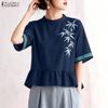 ZANZEA Women Casual Round Neck Floral Embroidery Loose 3/4 Sleeve Blouse