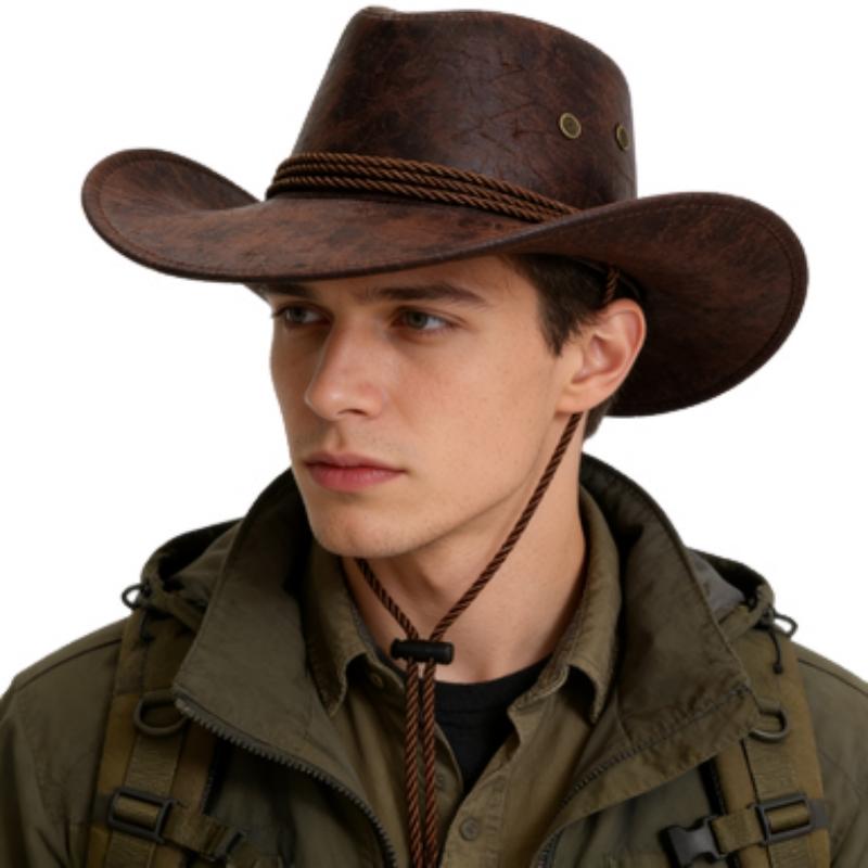 Klassischer Western-Cowboyhut für Männer & Frauen | Sonnenschutzkappe aus Kunstfilz-Leder | Leichter Reisehut zum Wandern, Strand