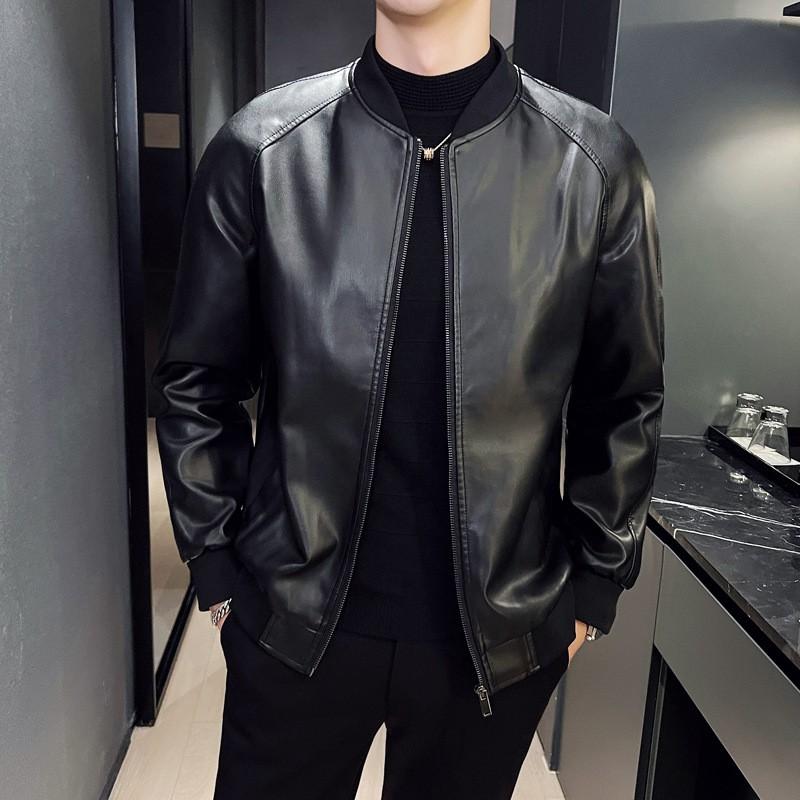 Mens Fleece Lined PU Leather Jacket Slim Fit Baseball Collar Motorcycle Biker Coat