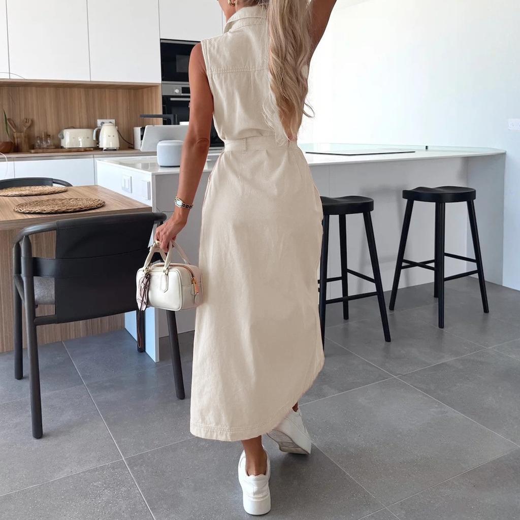 Ladies' Casual And Fashionable Sleeveless Waist Cinched Single Breasted Denim Dress