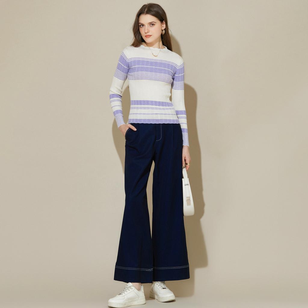 [Including Wool] Fashion Basic Striped Round Neck Base Knitted Sweater for Women In Spring and Autumn, Simple Commuting Style