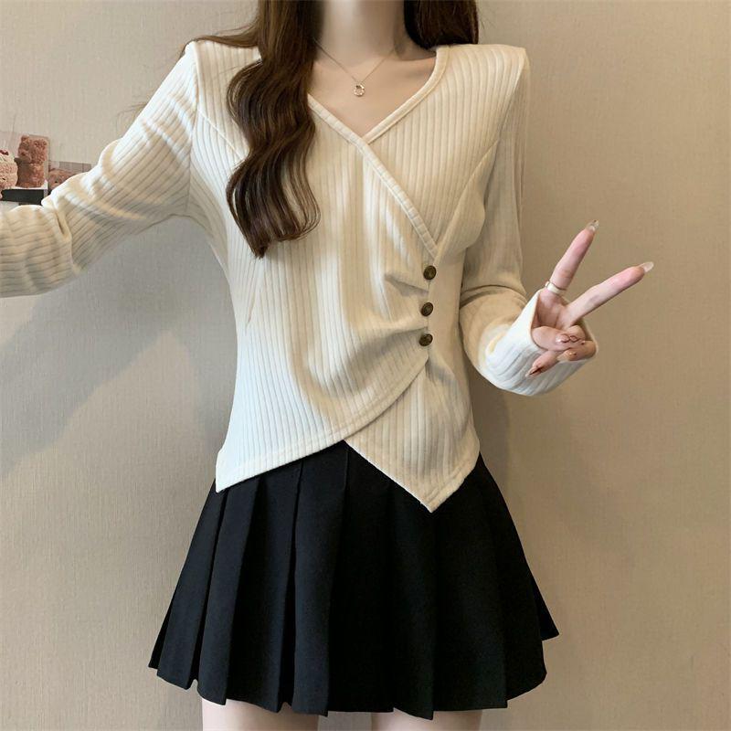 Women's Plus Size Ribbed Irregular Long Sleeve Top - Korean Style, Loose Fit, Slimming Base Layer for Autumn/Winter.