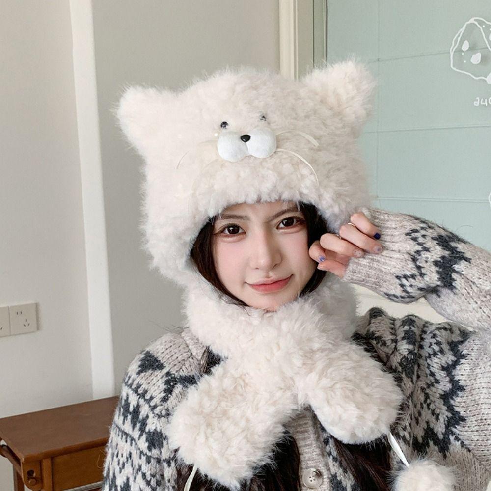 Plush Cat Ears Hat Knitted Cycling Balaclava One Piece Ear Protection Hat  Winter Season