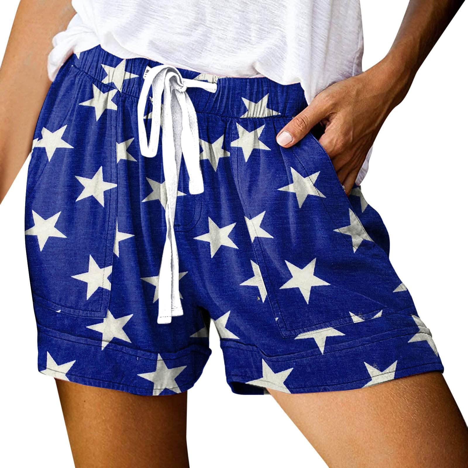 

Жіночі зручні літні шорти з принтом, шнурки, кишені на талії, повсякденні штани L синій