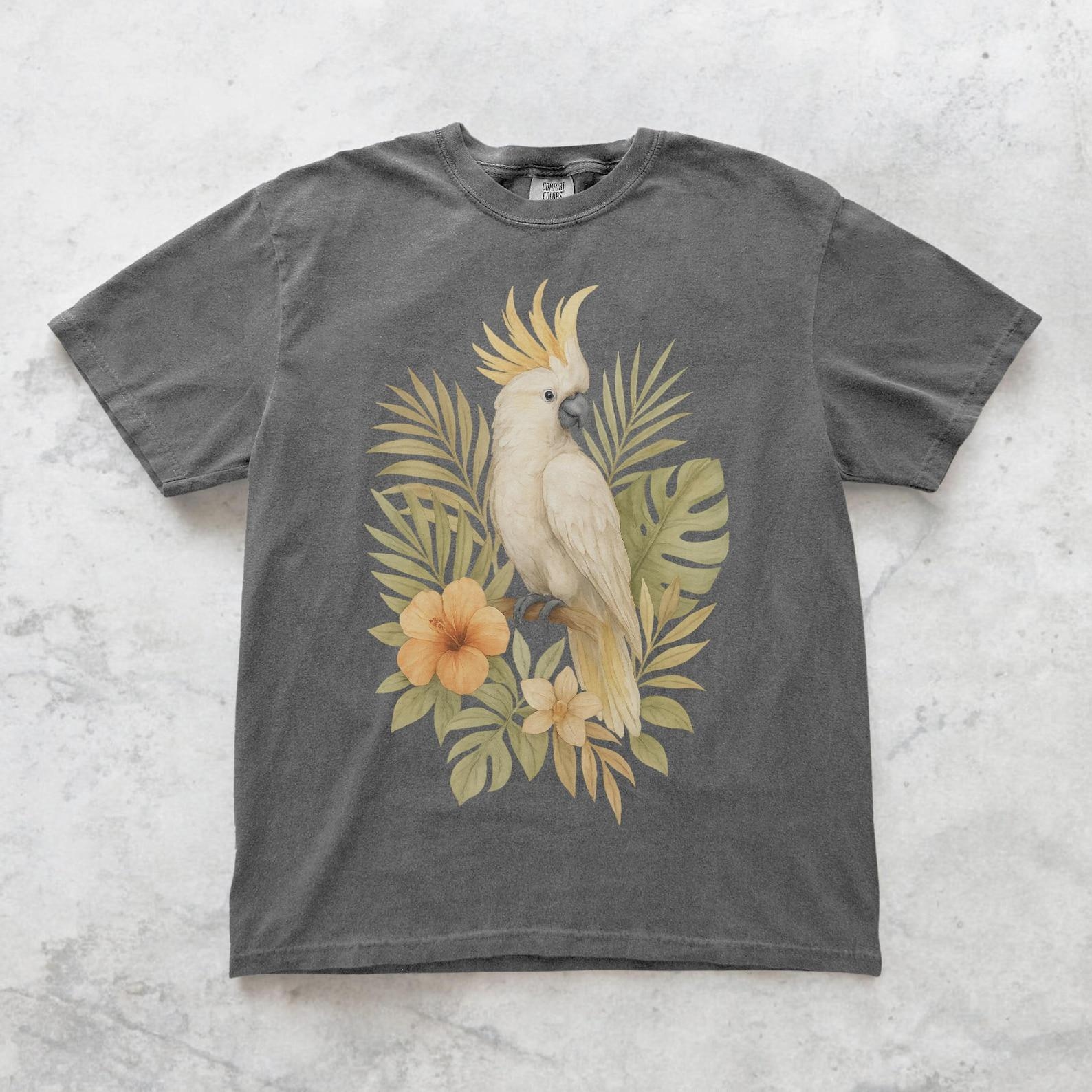 Cockatoo Floral Shirt, Tropical Bird Graphic Tee, Vintage Jungle Parrot T shirt, Unisex Relaxed Fit, Bird Lover Gift, Comfort Colors S