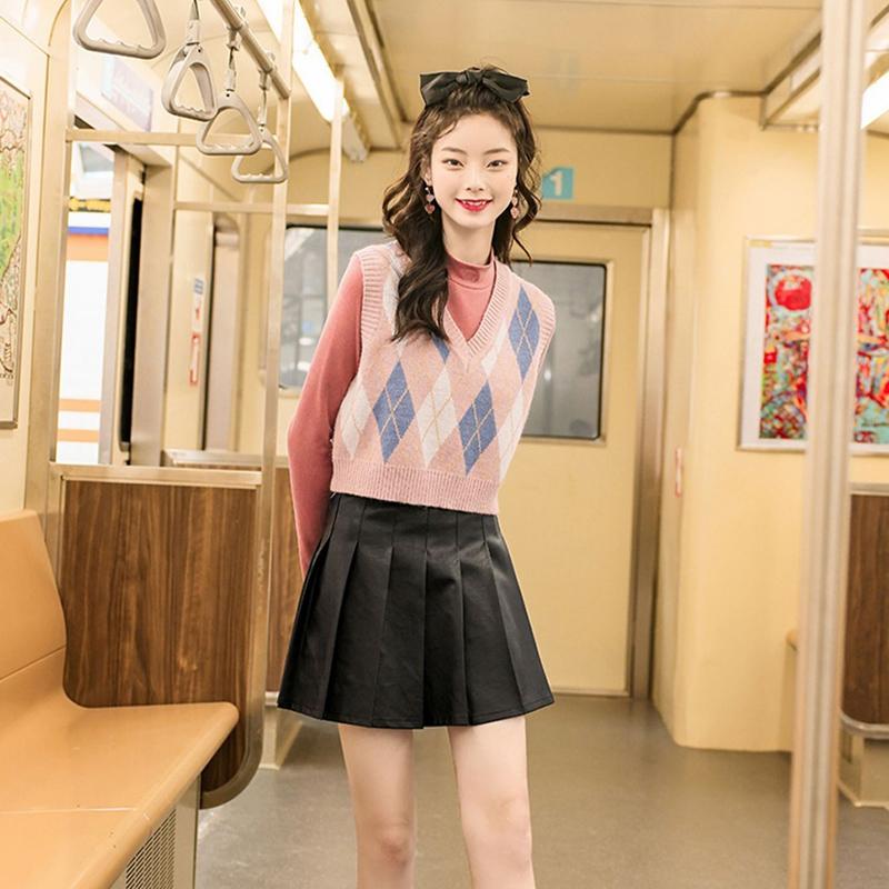 Sleeveless Pullover England Vintage Geometric Rhombic V Neck Knitted Sweater Vest Knitwear Lady Waistcoat Tops Women