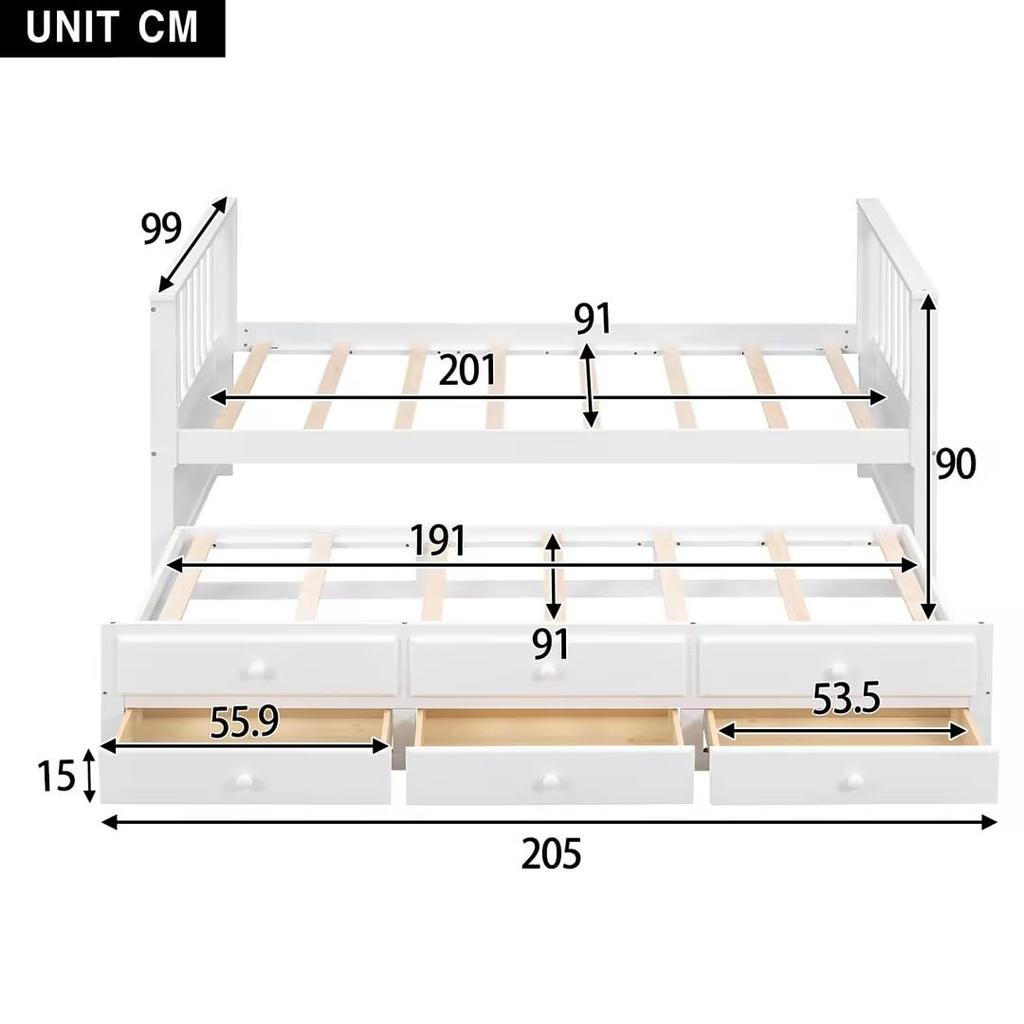 Kinderbett Tagesbett 90x200 Bettauszug Einzel-/Doppelbett Stauraum 3 Schubladen Holzbett Lattenrost Weiß ohne Matratze