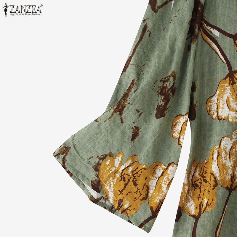 ZANZEA Women Casual Round Neck Summer 3/4 Sleeve Print Blouse
