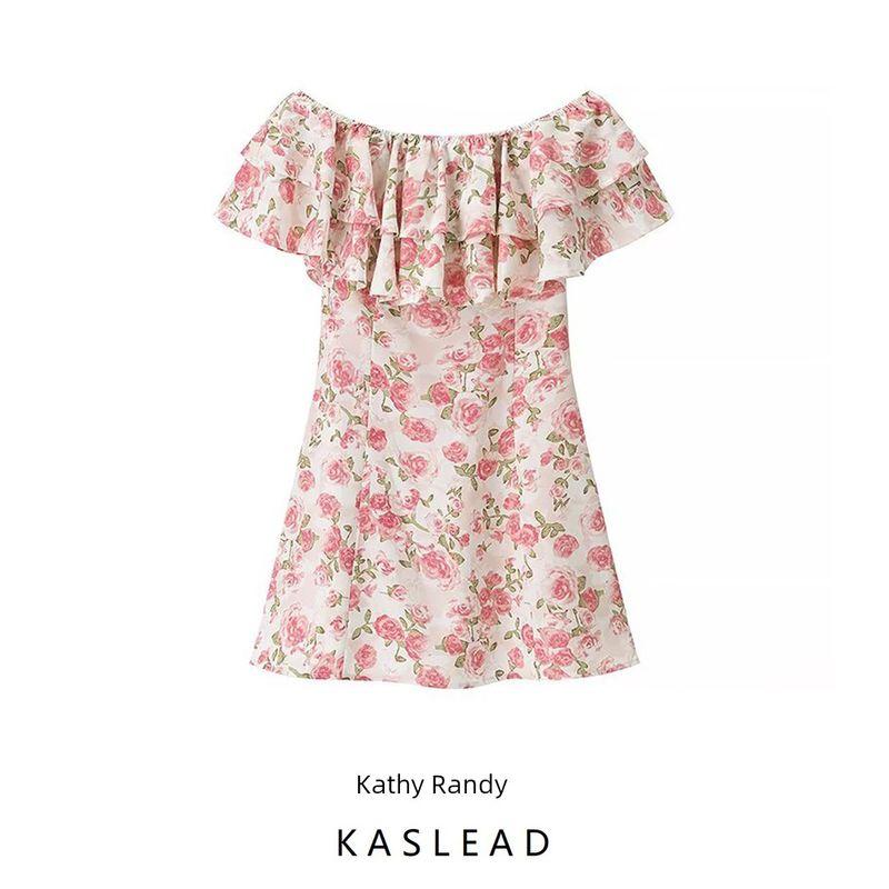 Kaslead New Arrival Women's Clothing Fashion Style Fashion Minimalist off-Shoulder Small Floral Laminated Dress