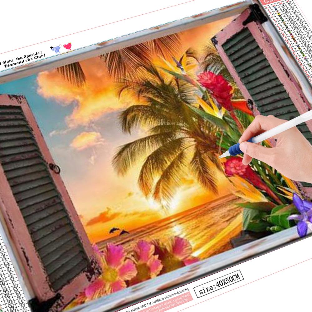 

Huacan полная круглая дрель 5D Diy алмазная живопись окно закат пейзаж Алмазная вышивка крестиком свадебное украшение Full Round 20*30 cm