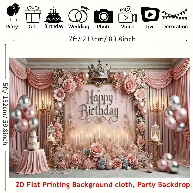 2D Luxury Pink Rose & Crown Happy Birthday Photography Background Banner