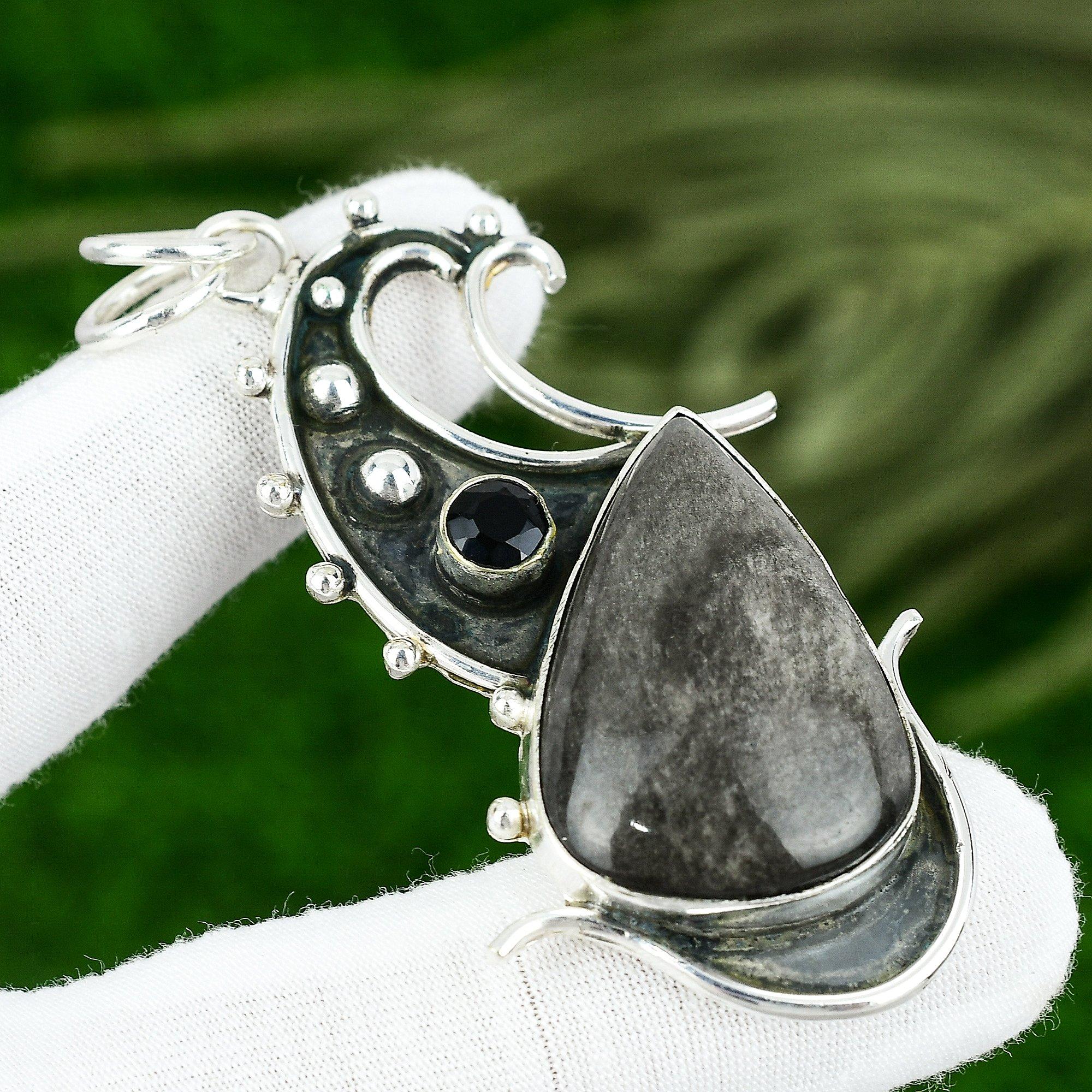 

Sterling Silver Pear Silver Sheen Obsidian Stone Spinel Elegant Pendant Jewelry