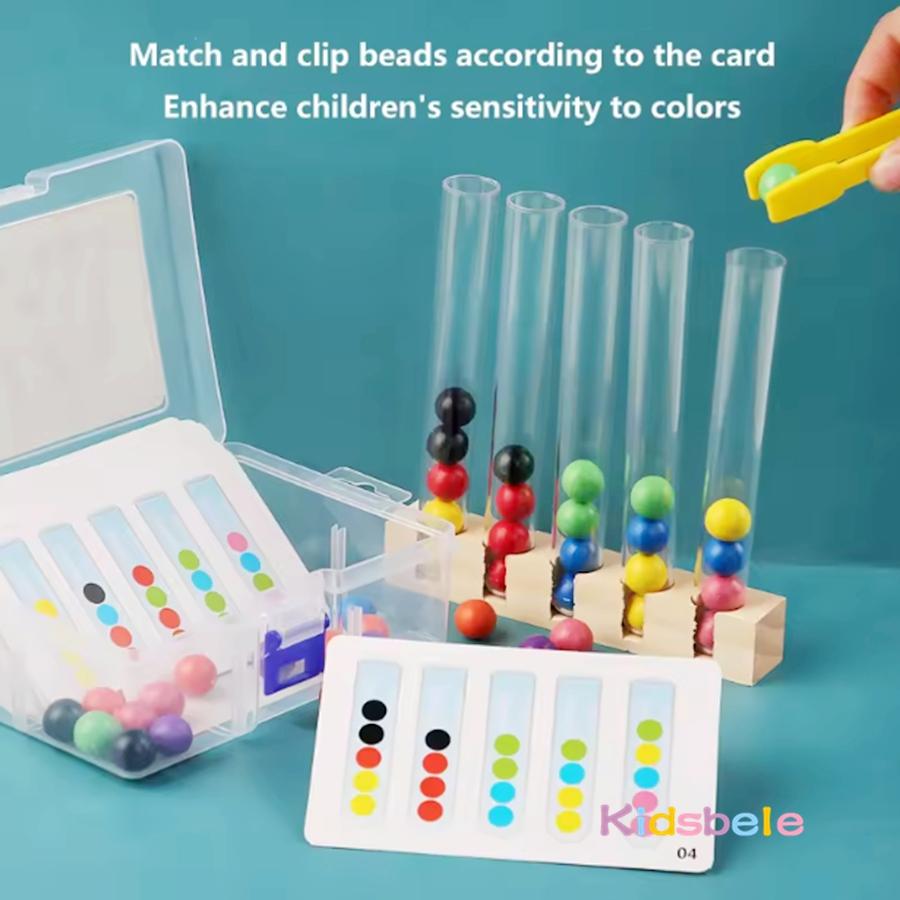 Tube Clamping Ball Toy for Kids Color Sorting & Fine Motor Skills Montessori Style  Wooden Educational Toy with Cards 3-8 Years