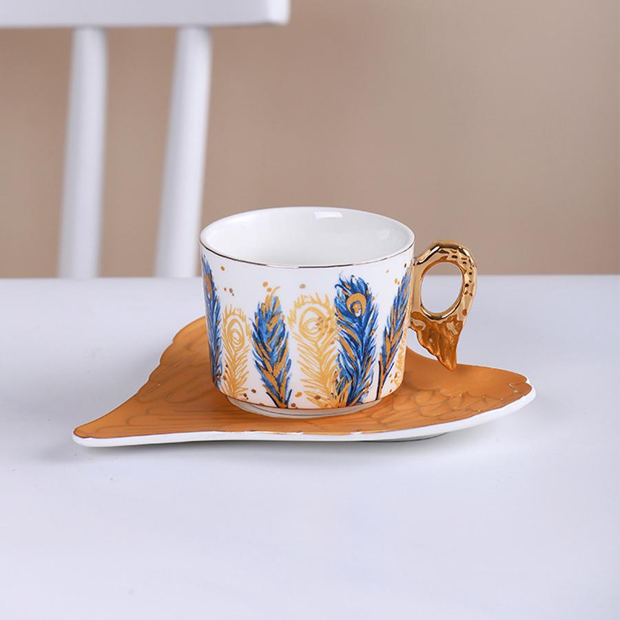 Personality European Lovely Feather Pattern Style Coffee Mugs Ceramic Home Office Milk Water Tea Cup + Saucer Plate Dish Set