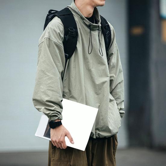 Men Jacket Solid Color Half Turtleneck Streetwear Autumn Washed Elastic Cuff Windbreaker for Daily Wear
