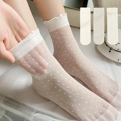 10 Pairs of Cream-colored Polka Dot Lace Mesh Socks for Women's Summer, Thin Crystal Glass Fiber Black Ear-trimmed Mid-calf Socks