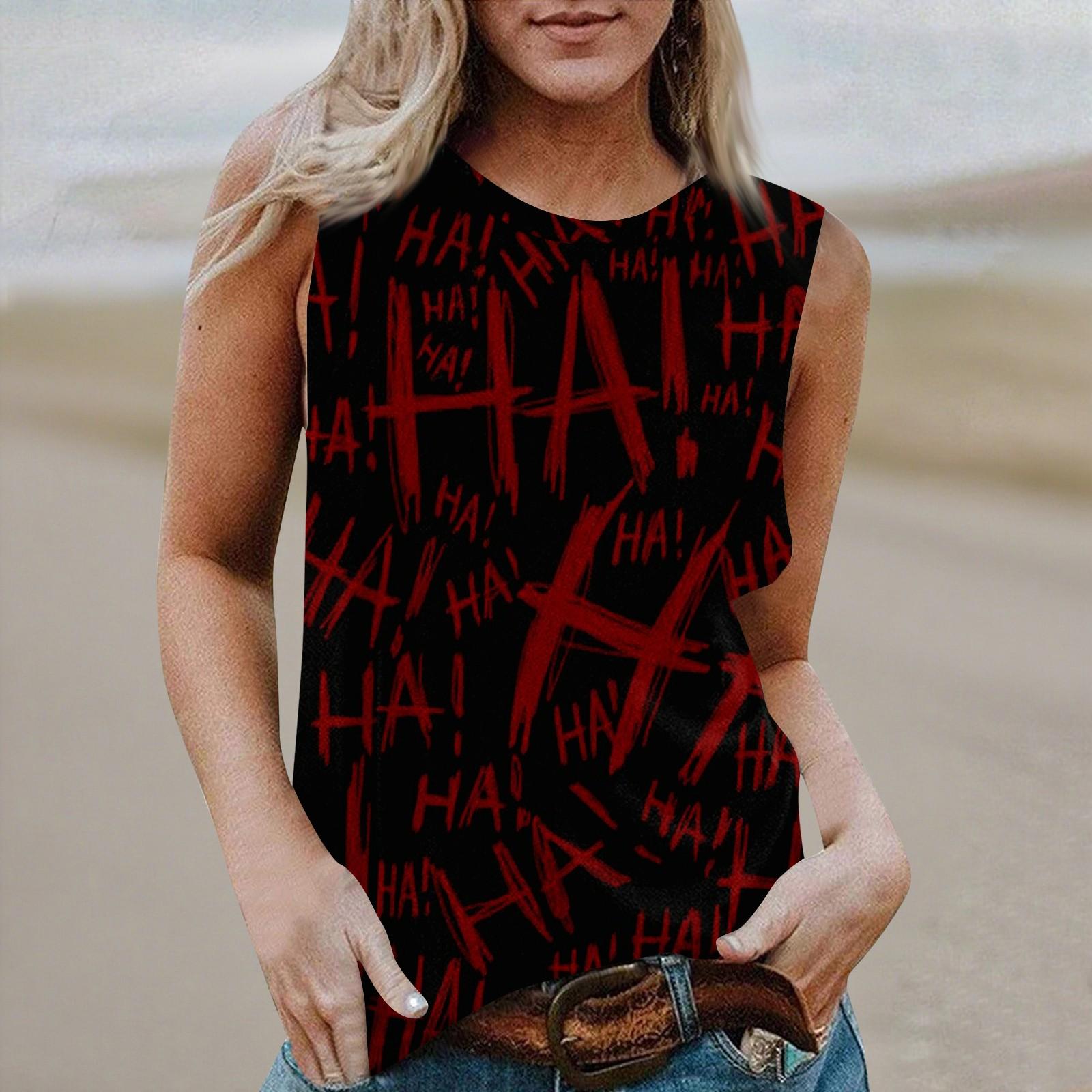 

Женская повседневная футболка-топ без рукавов с круглым вырезом и принтом на Хэллоуин L винный