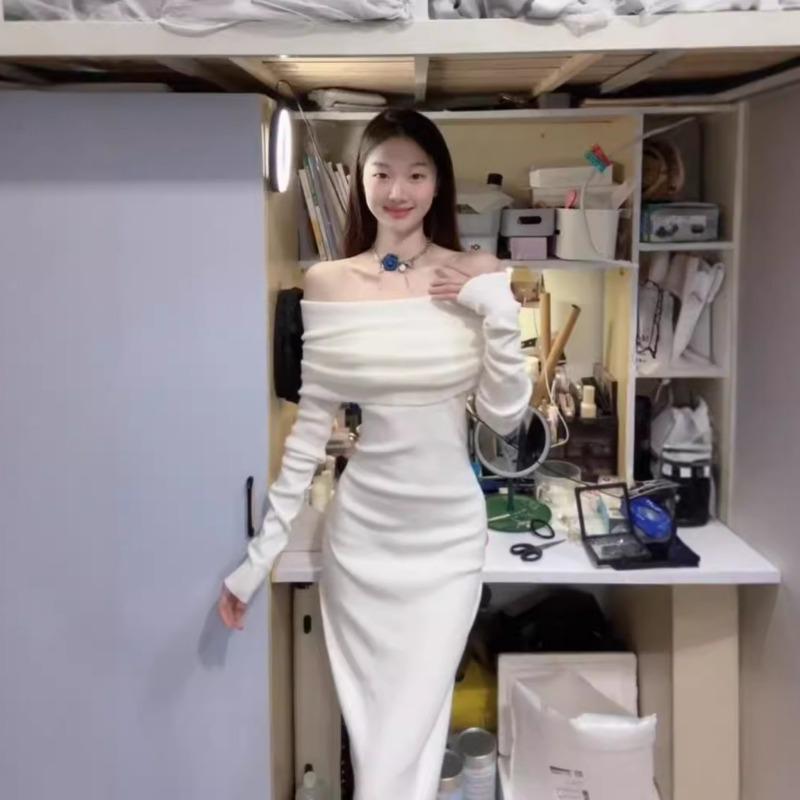White long-sleeved one-word shoulder knitted dress for women's autumn and winter new high-end slim-fitting and thin temperament long dress