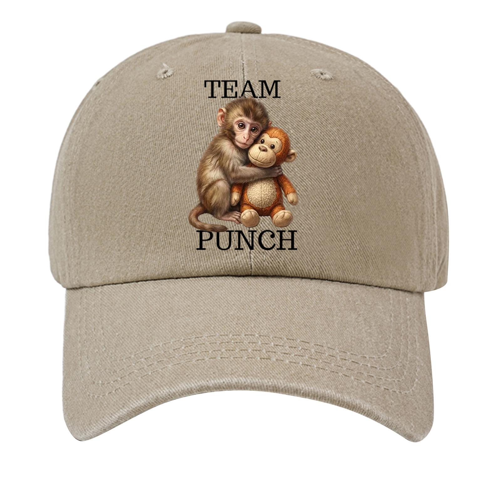 Washed Cotton Baseball Cap Soft Top Denim Hat Vintage Style Embroidered Monkey Print Adjustable Unisex Casual Headwear TEAM PUNCH One Size бежевый