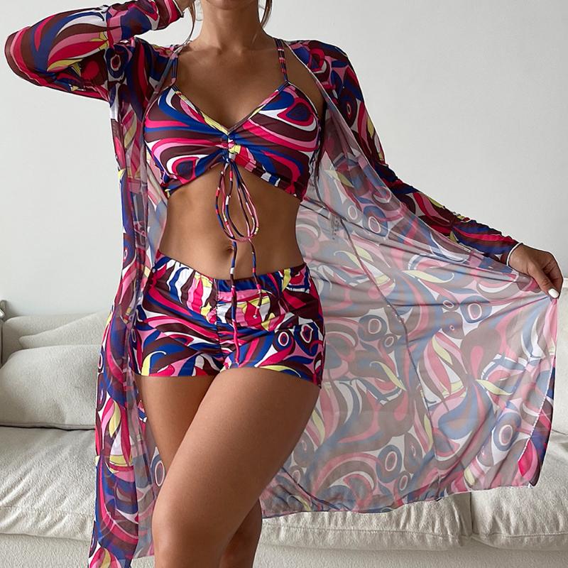 Buy Tropical High Waist Bikini Three Pieces Women Sexy Long Sleeve