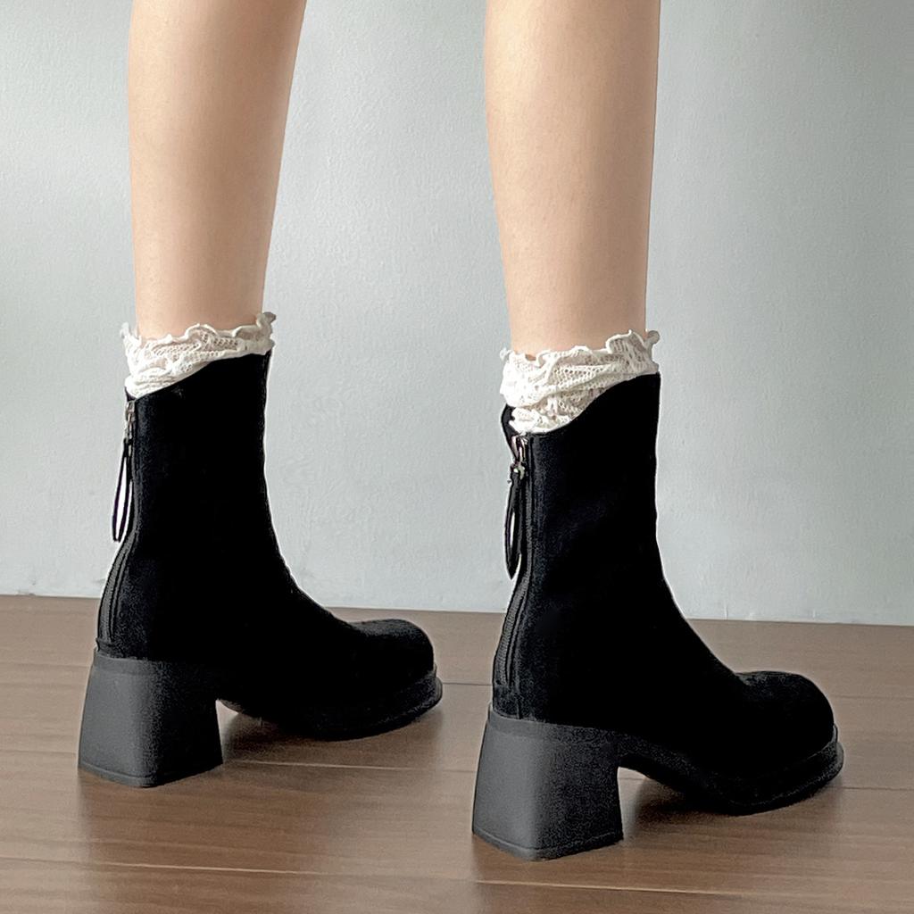 Retro Small Thick Heel Heightening Boots Women's  New Autumn Skirt Versatile Short Boots