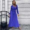 Women V Neck Long Sleeve Pleated A Line Solid Color Lace Up High Waist All Match Dresses S-XXL