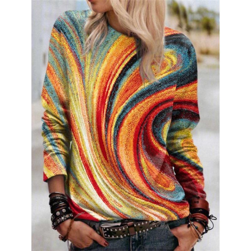 Round Neck 3D Gradient Color Printed Top Fashionable Casual Long Sleeved Women's T-shirts